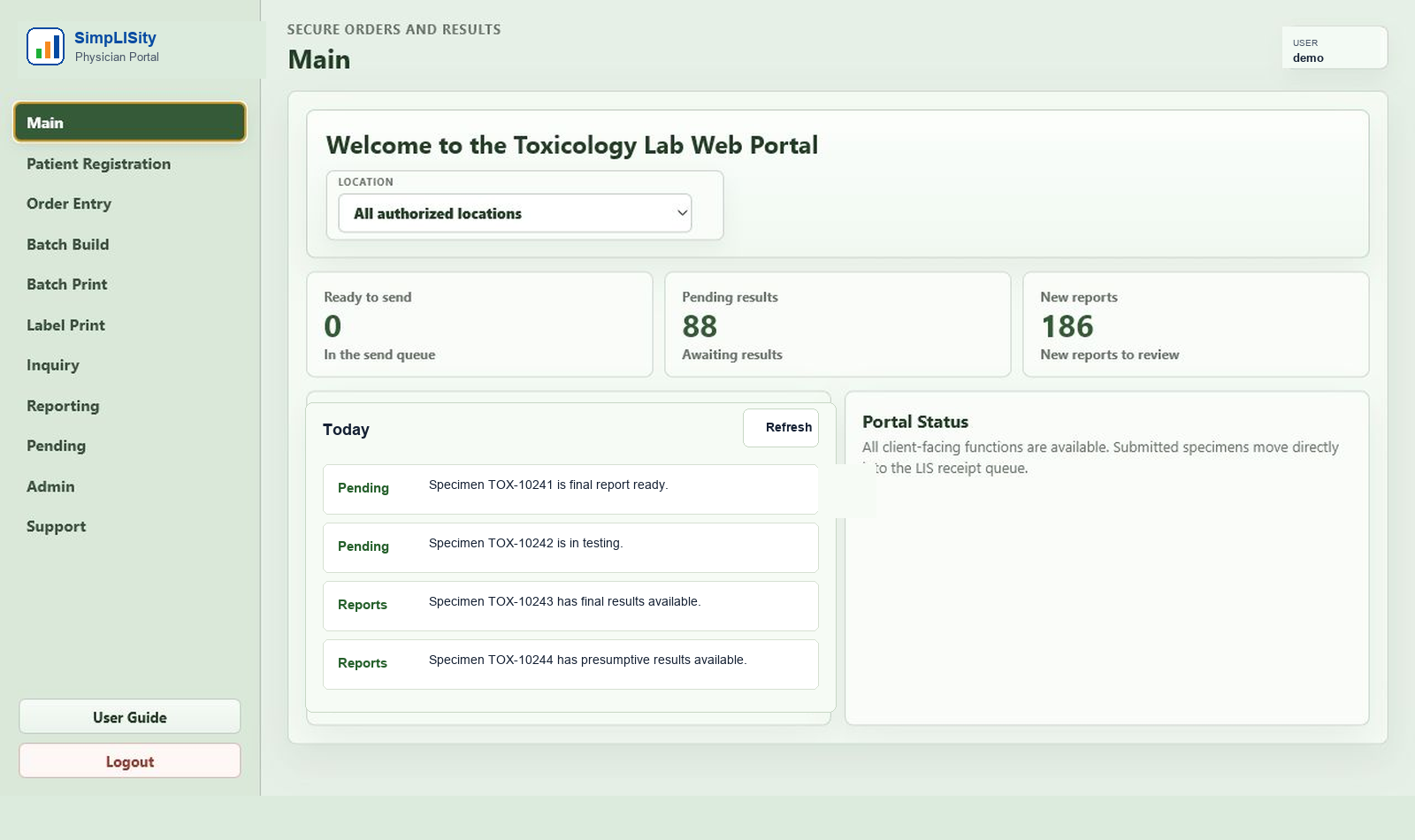 SimpLISity Physician Office portal dashboard with synthetic order and report statuses