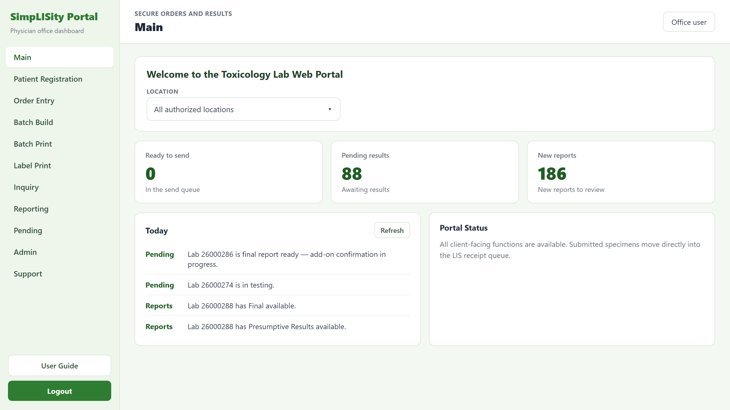 SimpLISity physician portal dashboard with synthetic order data