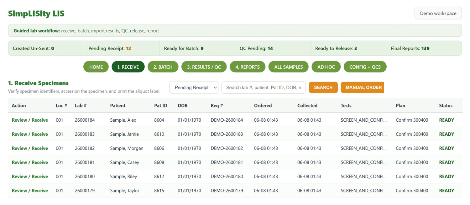 SimpLISity LIS worklist with synthetic specimen rows